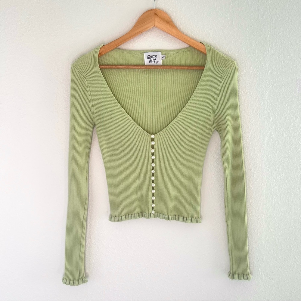 Princess Polly Fairy Core Green Ruffle Hem Feminine Cottage Pearl Top XS Small - Picture 1 of 6